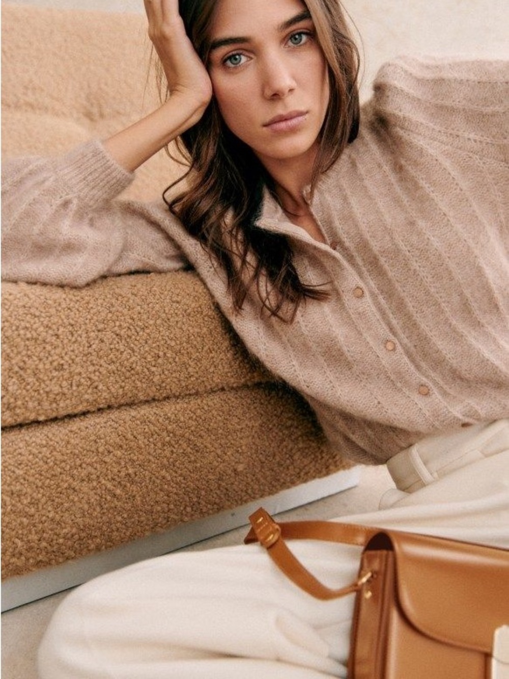 SEZANE Neutral Light Beige Fancy Knit Mohair Wool Amance Cardigan Sweater